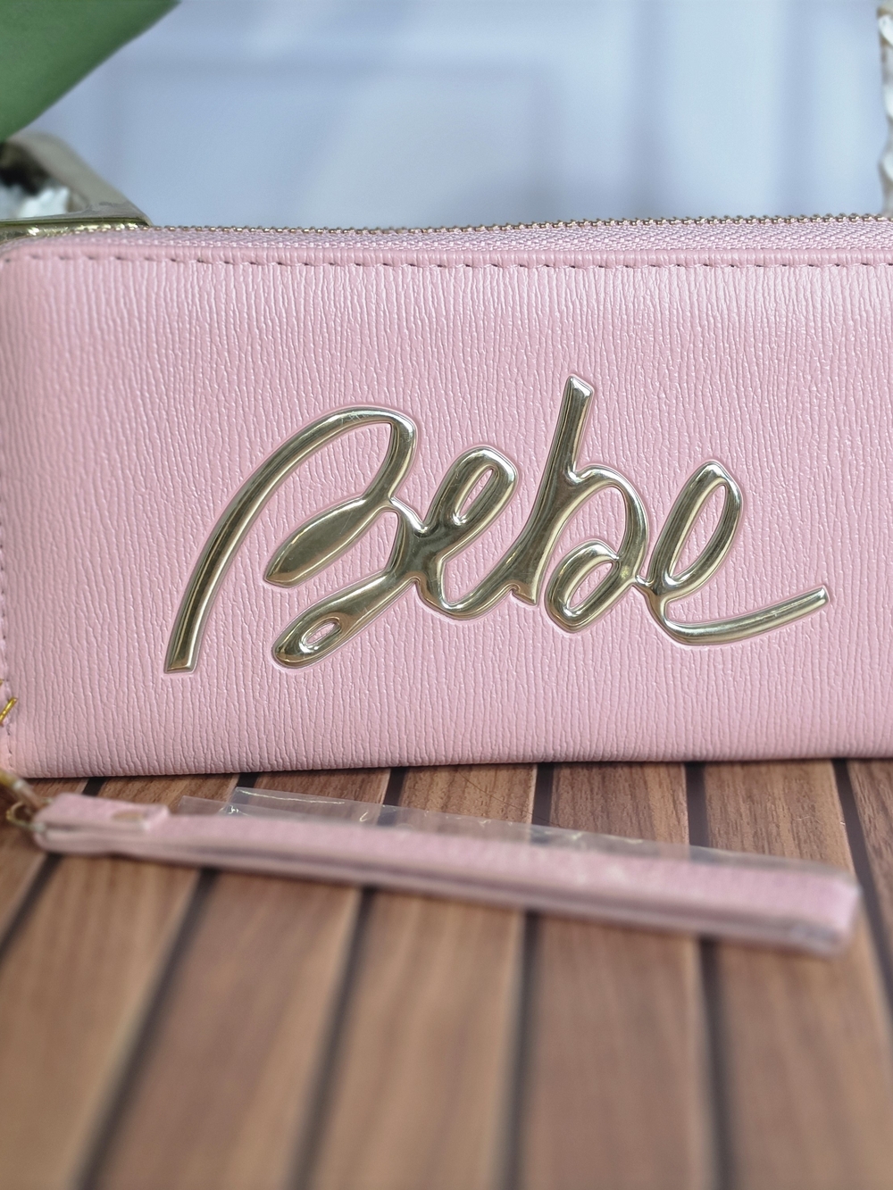 NWT Bebe Gianna Blush Pink Wristlet Wallet Zip Around Gold Logo